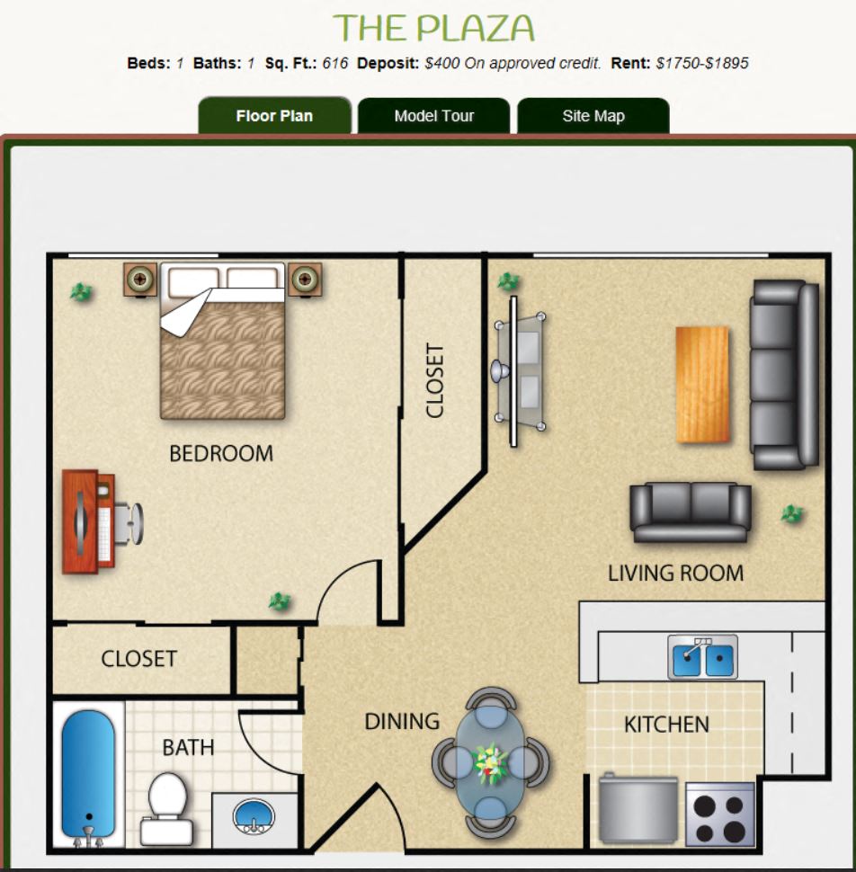 Floor plan for 1 bed, 1 bath, 616 sqft